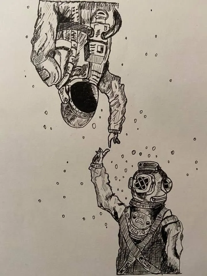 An upside-down astronaut reaching toward a deep-sea diver among floating bubbles