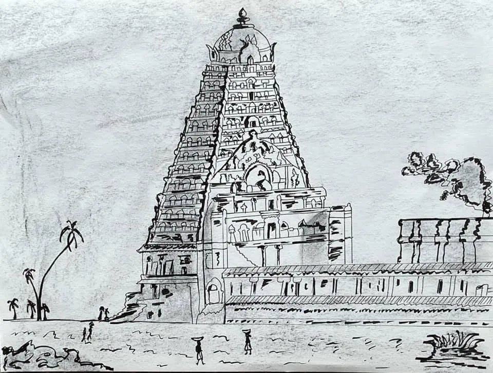 A pencil sketch of the great tiered temple tower at Thanjavur with palm trees