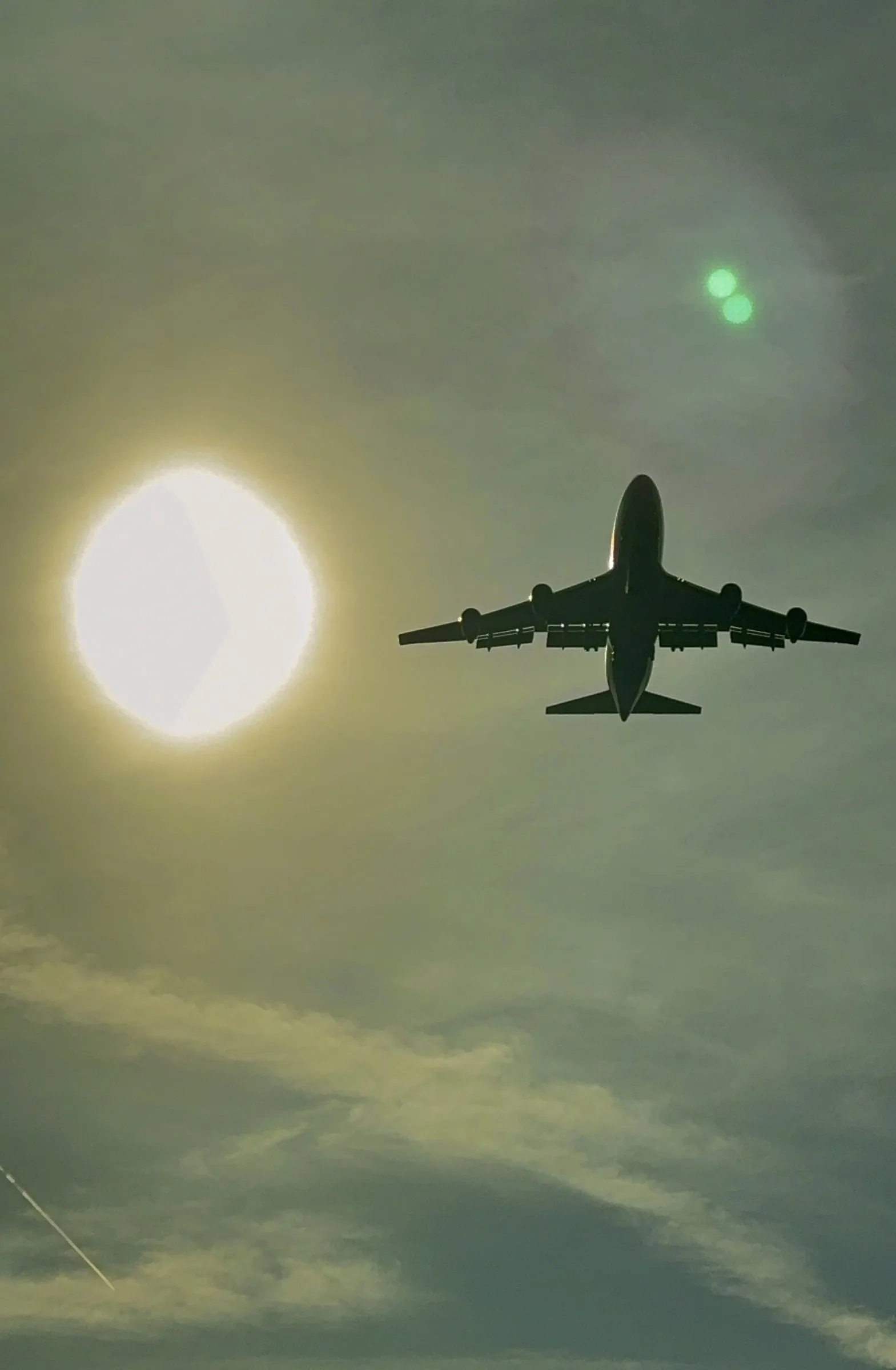 A jet silhouetted as it passes beside a glowing sun in a hazy green-gray sky