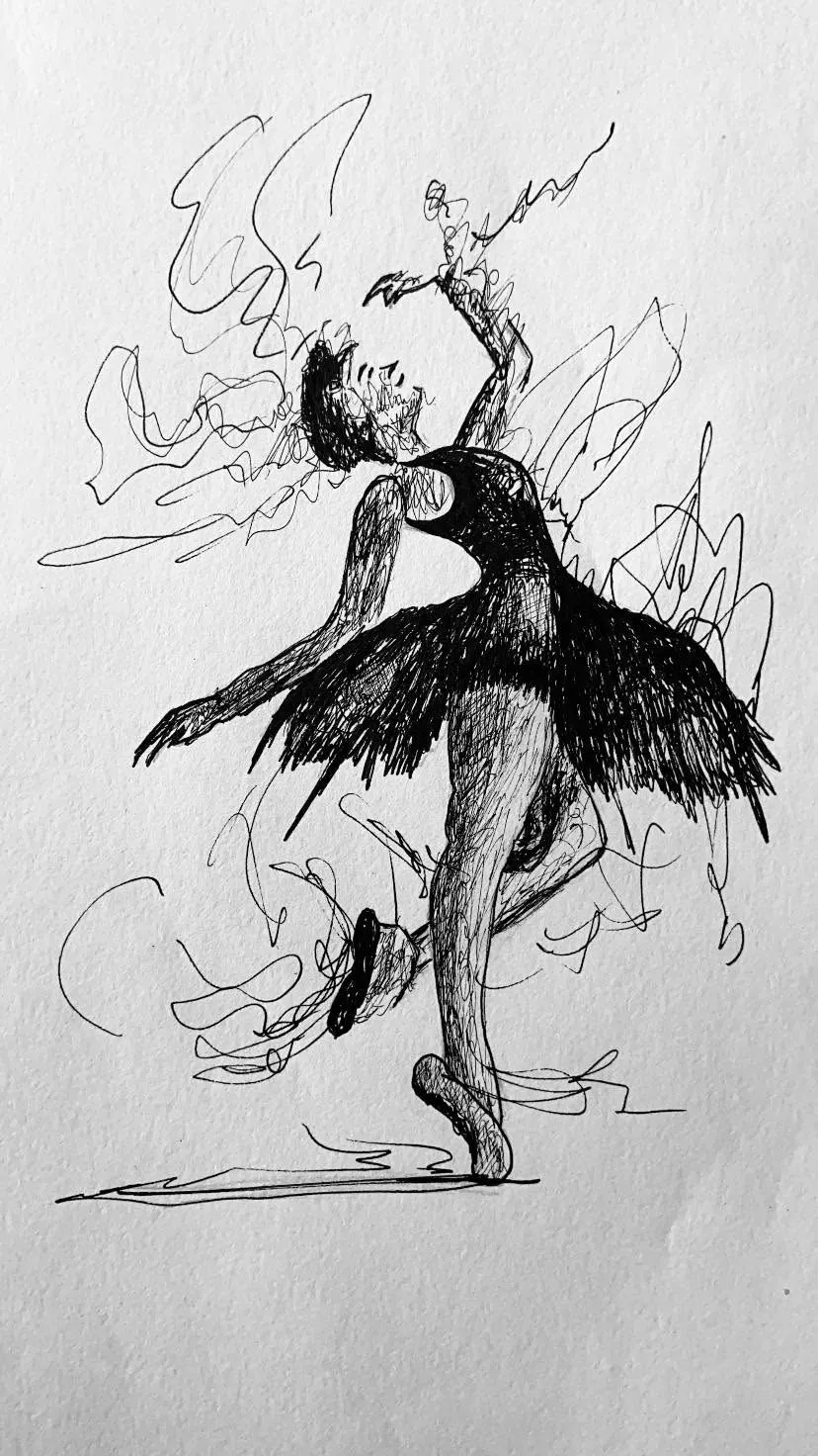 A ballet dancer mid-turn, her skirt dissolving into loose, scribbled lines