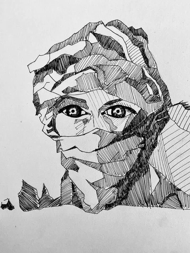 A woman’s face broken into angular, hatched facets around expressive eyes