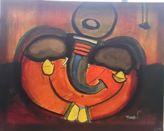 An abstract Ganesha painted in warm orange, umber and blue acrylic, with a small mouse at the lower right