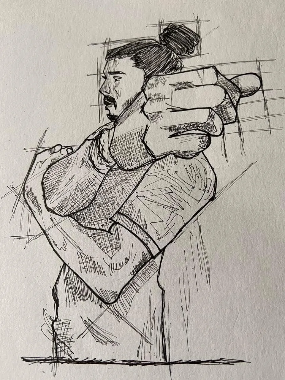 A pen-and-ink figure study of a man with a top knot, one fist raised toward the viewer, built up in cross-hatching