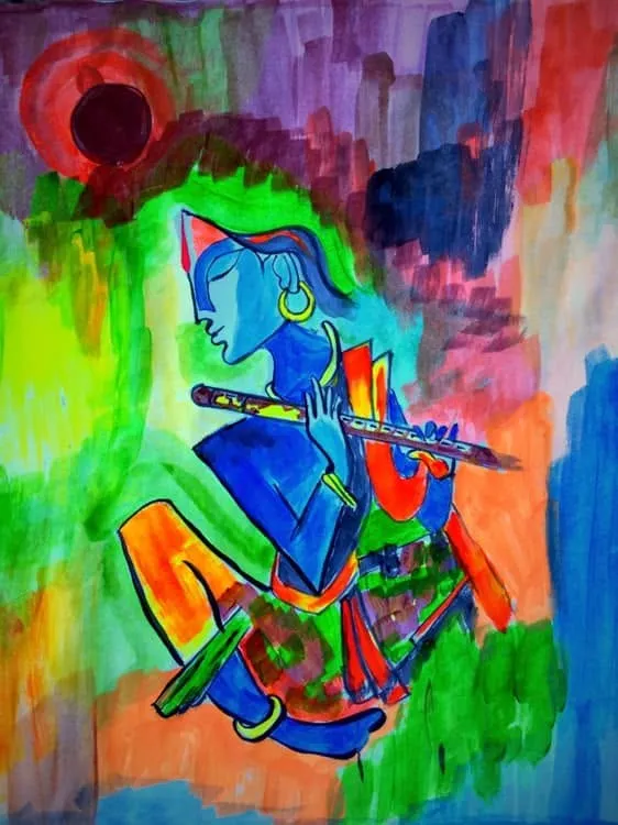 Krishna playing the flute against a bright, abstract field of color