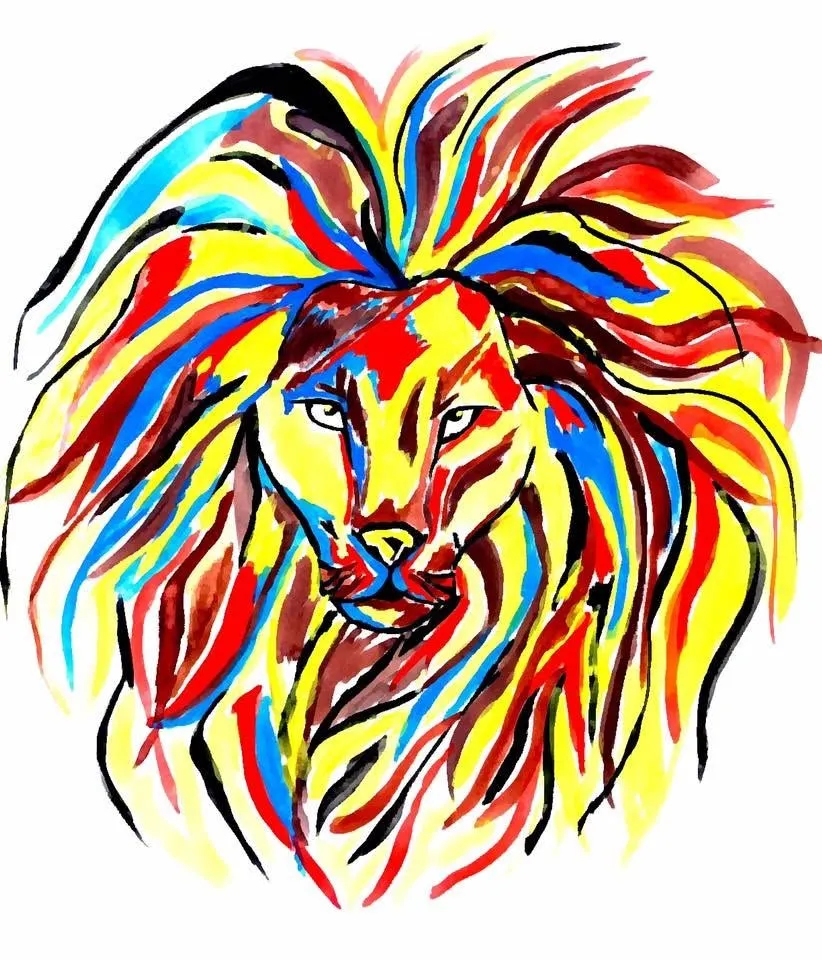 A lion’s face and mane drawn in bold strokes of red, yellow and blue