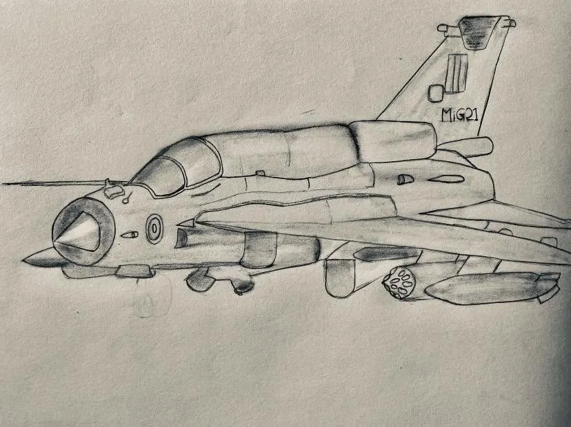 A pencil drawing of a MiG-21 fighter jet