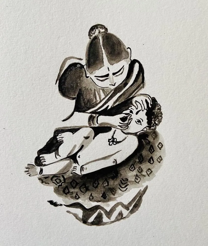 A mother cradling her child, painted in loose black ink-wash brushstrokes
