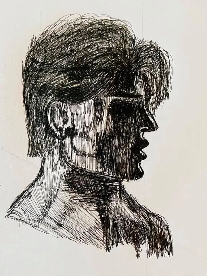 A young man in profile, drawn in dense ink hatching with strong shadow