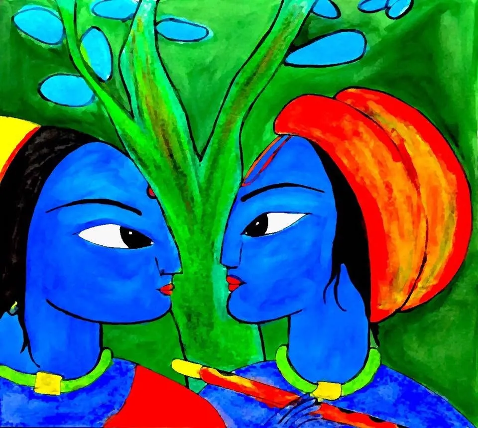 Two blue-skinned figures, Radha and Krishna, face to face under a green tree