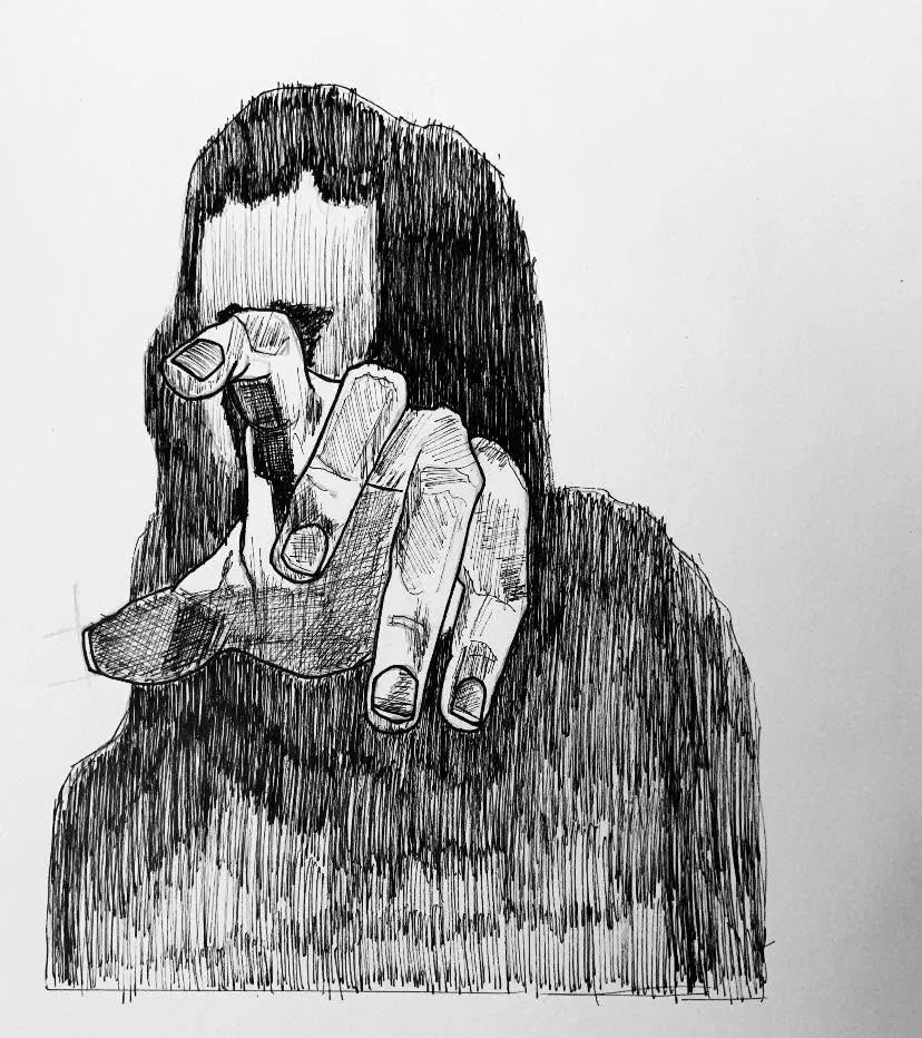 A hooded figure reaching a hand toward the viewer, drawn in heavy ink lines