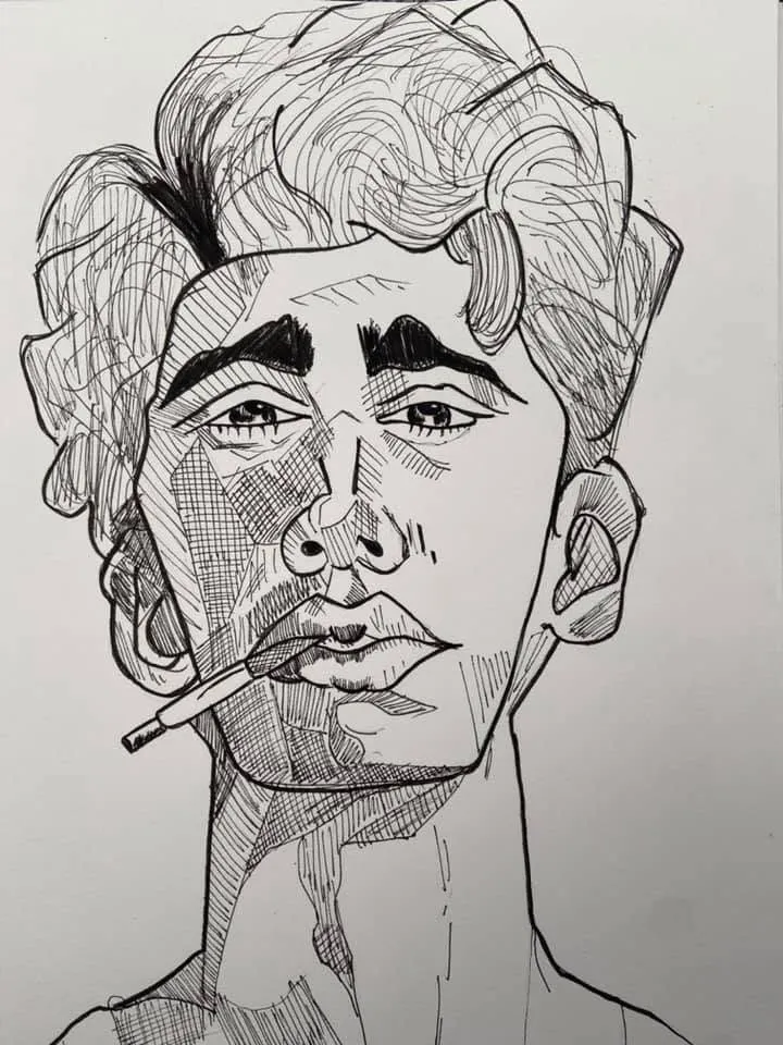 A cross-hatched portrait of a young man with curly hair and a cigarette