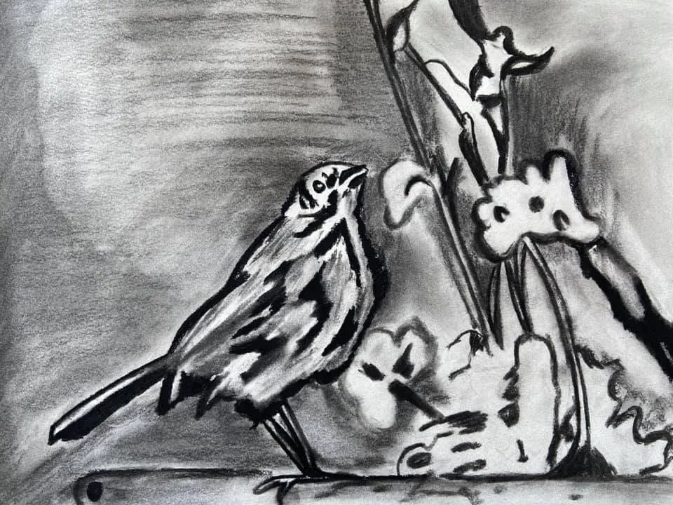 A small bird perched among flowers, rendered in soft charcoal