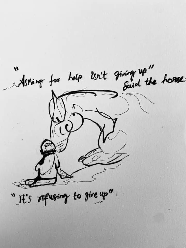 A small boy sitting beside a large horse, with handwritten lines about asking for help