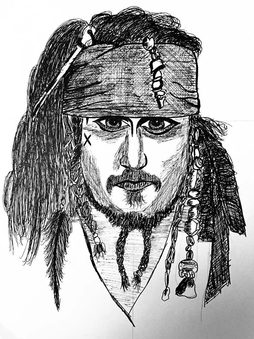 An ink portrait of a pirate in a bandana with beaded, braided hair, built from fine hatching