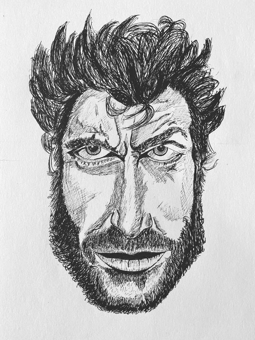 An intense ink portrait of a bearded man with wild hair