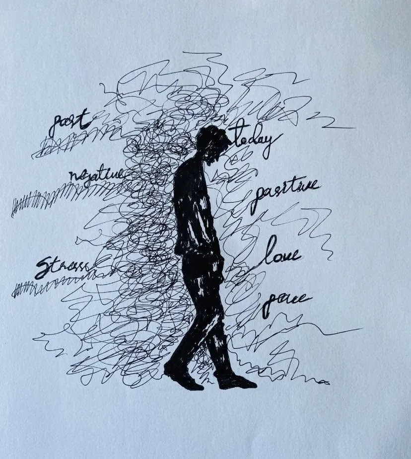 A figure walking out of a cloud of scribbles, with words like stress and past behind and love and peace ahead